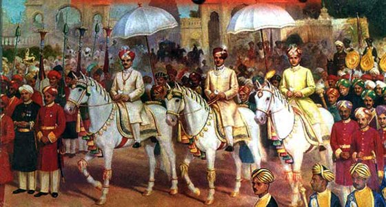 The Dasara procession of old Mysore — the Maharaja rides out with his court, in a painting of the royal Savari