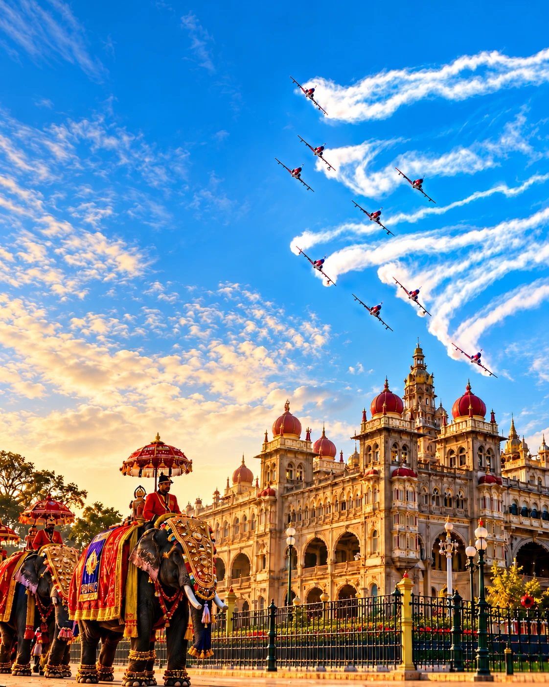 Suryakiran Hawk jets trailing smoke over Mysuru Palace, with the Dasara elephants in front